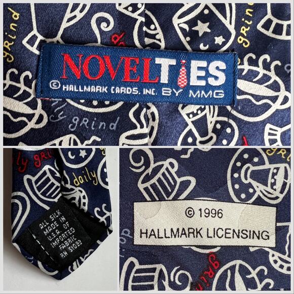 Vintage Coffee Tie NOVELTIES Hallmark 1996 Daily Grind, USA Silk Navy Blue - Picture 4 of 8